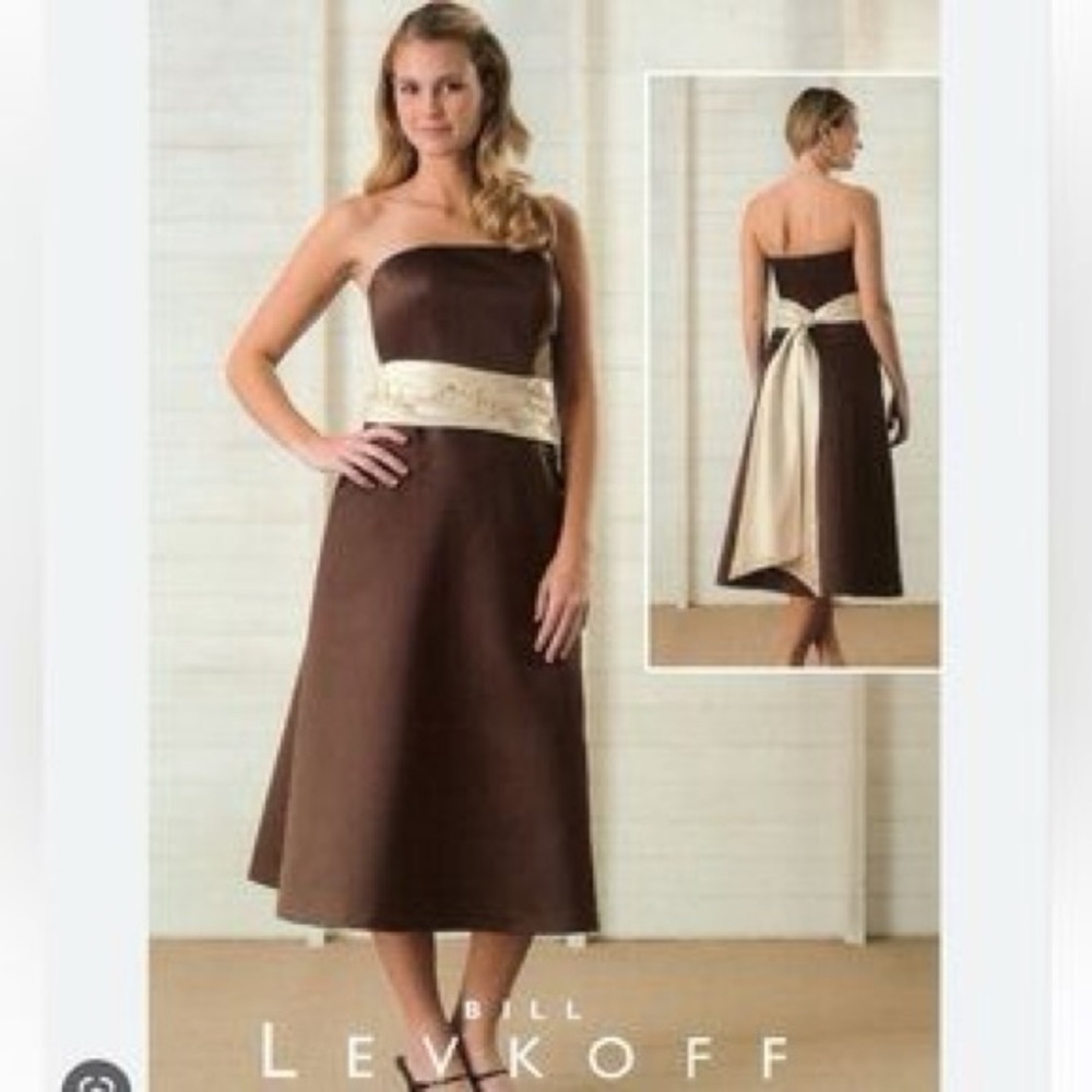 BILL LEVKOFF Brown Strapless Dress Cream Sash Sz‎ 4 Wedding Party Dance Cocktail